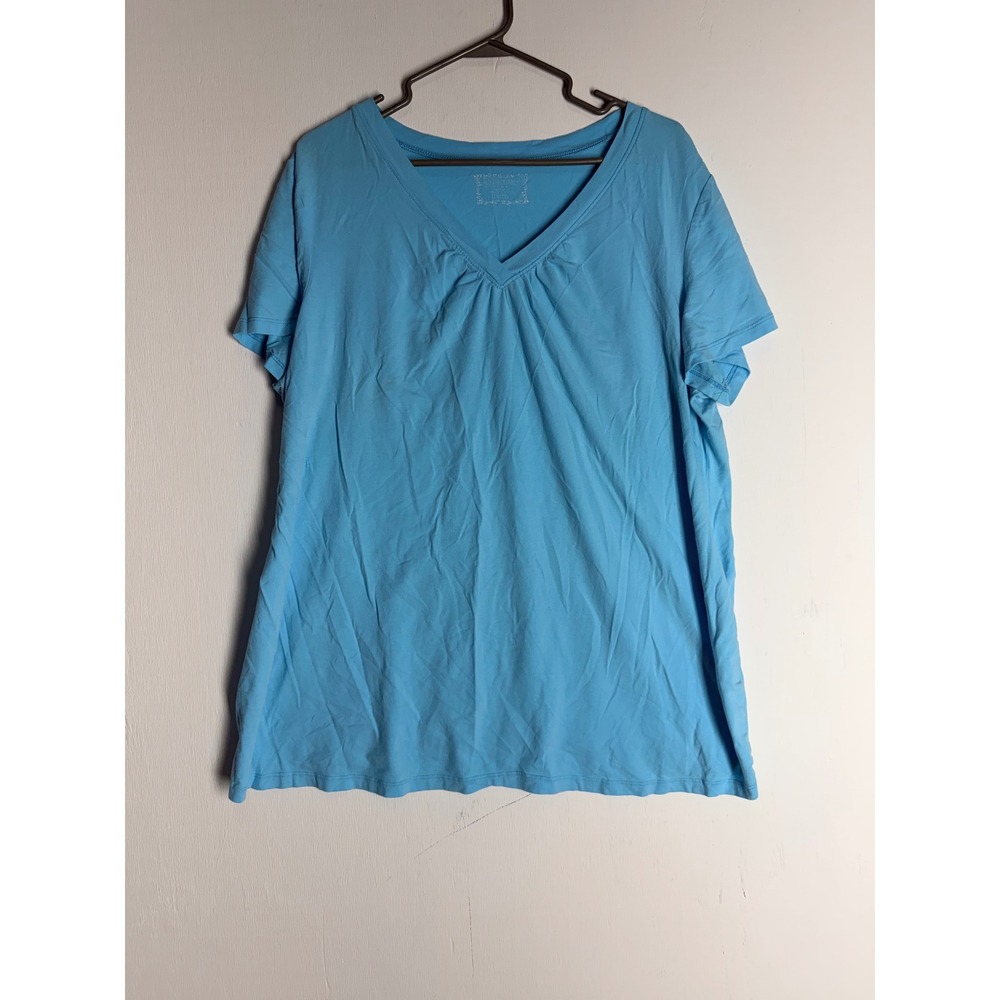 Motherhood Maternity Blue V-Neck Short Sleeve Pleated T-Shirt Top 1X Plus Size